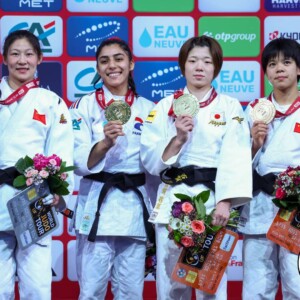 -48kg Medalists. From left, ZHUANG, Wenna, BOUKLI, Shirine, KOGA, Wakana, HUI, Xinran.