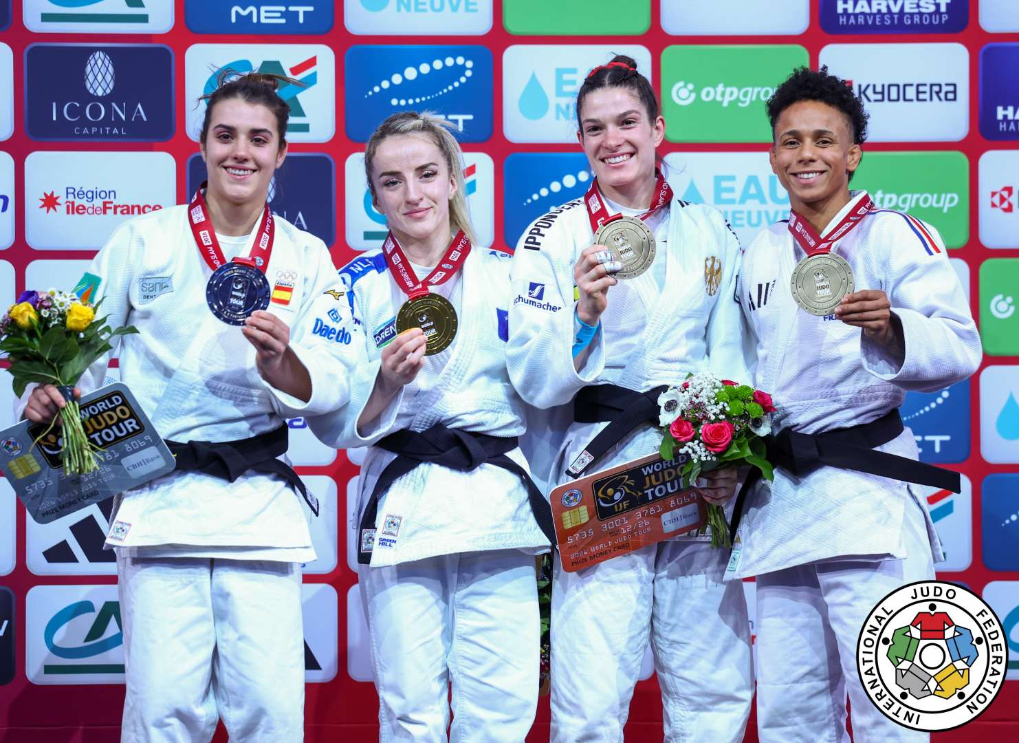 -52kg Medalists. From left, TORO SOLER, Ariane, KRASNIQI, Distria, BALLHAUS, Mascha, BUCHARD, Amandine.