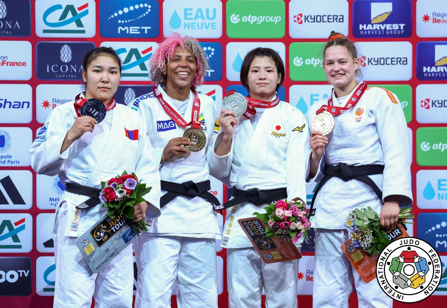 -63kg Medalists. From left, LKHAGVATOGOO, Enkhriilen, SILVA, Rafaela, YAMAGUCHI, Kirari, VAN LIESHOUT, Joanne.