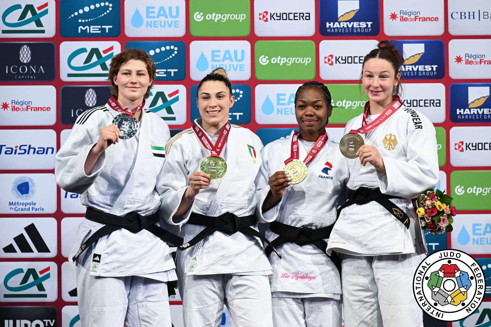 -78kg Medalists. From left, LYTVYNENKO, Yelyzaveta, BELLANDI, Alice, NGELEBEYA, Liz, OLEK, Anna Monta.