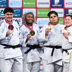 +78kg Medalists. From left, TOLOFUA, Julia, DICKO, Romane, FONTAINE, Lea, ARAI, Mao.