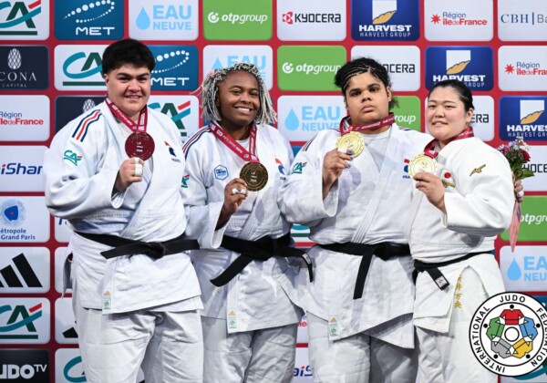 +78kg Medalists. From left, TOLOFUA, Julia, DICKO, Romane, FONTAINE, Lea, ARAI, Mao.