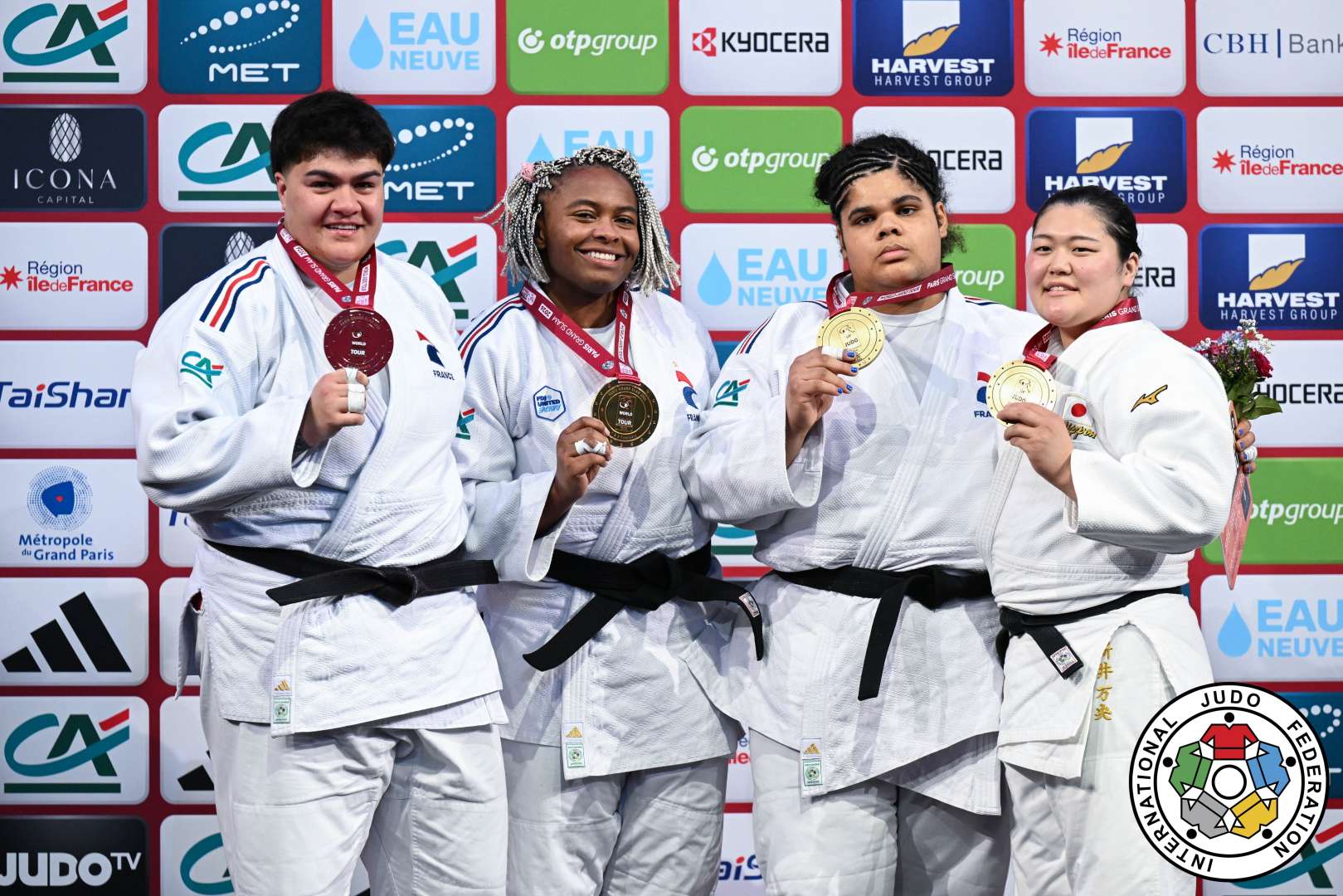 +78kg Medalists. From left, TOLOFUA, Julia, DICKO, Romane, FONTAINE, Lea, ARAI, Mao.