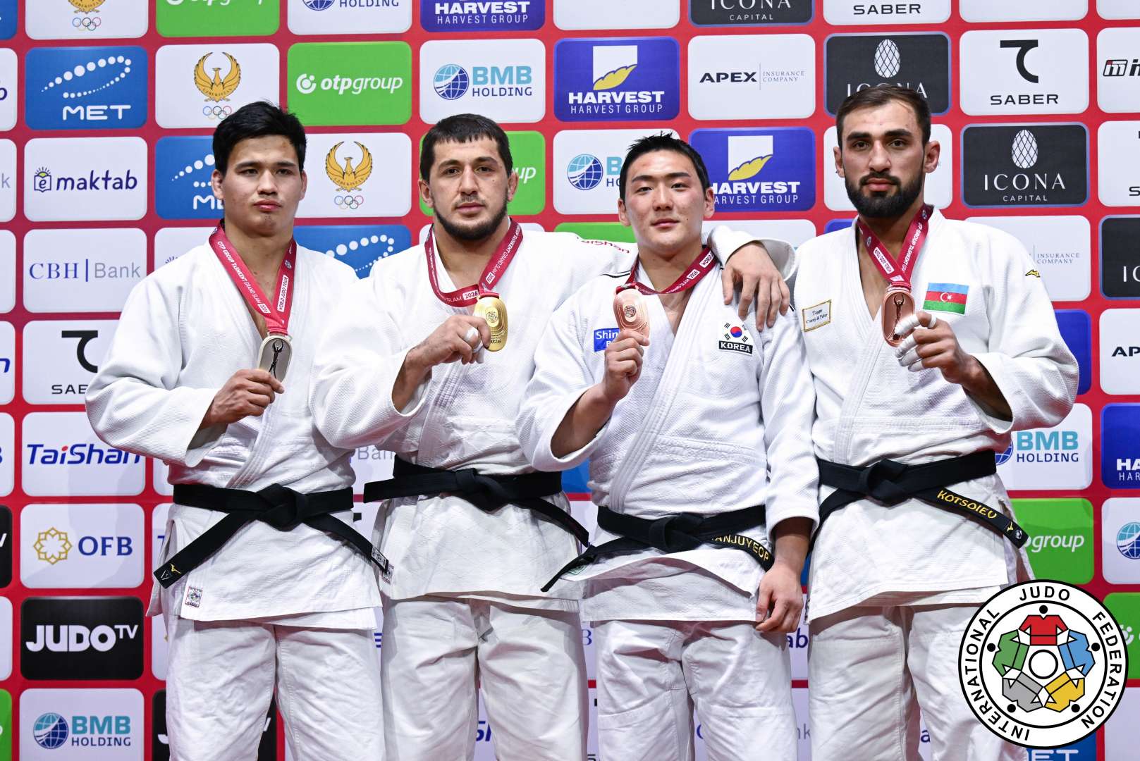 -100kg Medalists. From left, SARSENBAEV, Ernazar, SADRUDINOV, Said, HAN, Juyeop, KOTSOIEV, Zelym.
