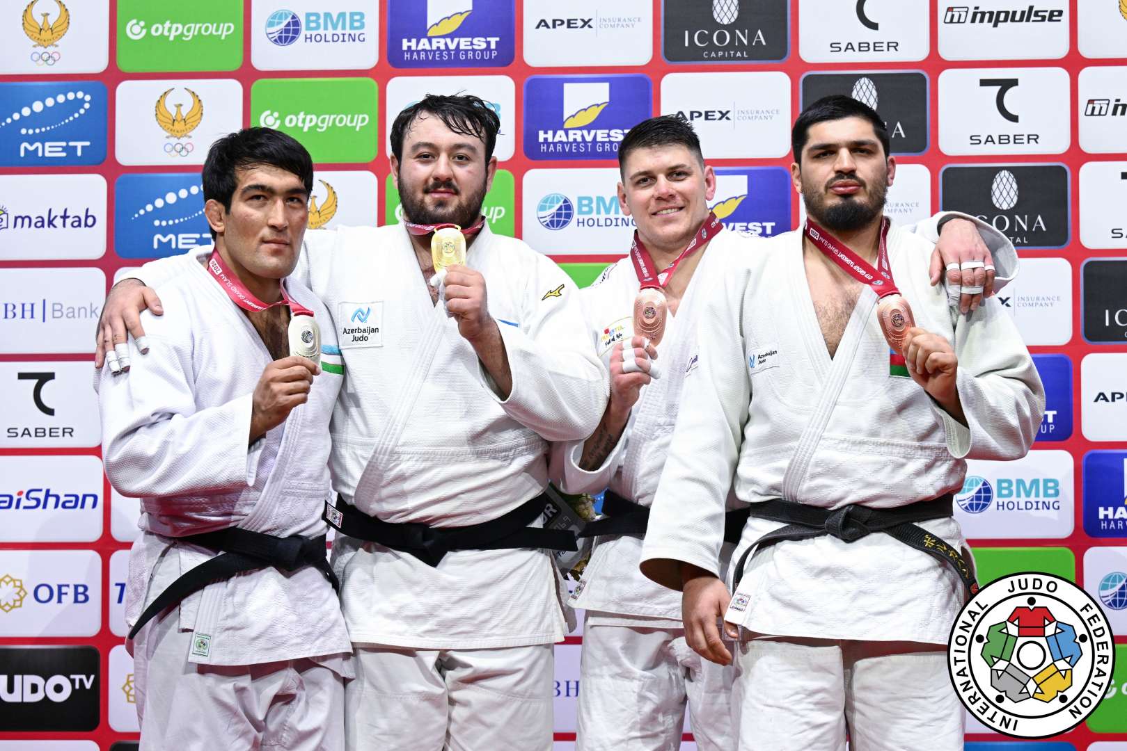 +100kg Medalists. From left, YUSUPOV, Alisher, NASIBOV, Kanan, SVIRYD, Mikita, GAMZATKHANOV, Dzhamal.