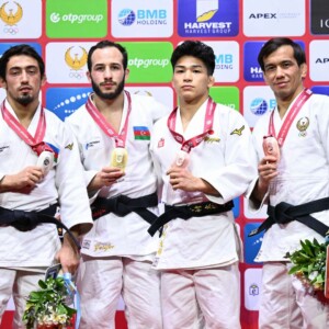 -60kg Medalists. From left, AGHAYEV, Balabay, YUSIFOV, Ahmad, NAKAMURA, Taiki, RUZIEV, Doston.