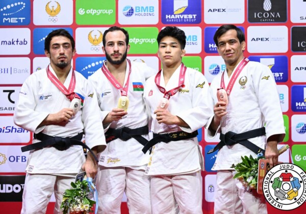 -60kg Medalists. From left, AGHAYEV, Balabay, YUSIFOV, Ahmad, NAKAMURA, Taiki, RUZIEV, Doston.