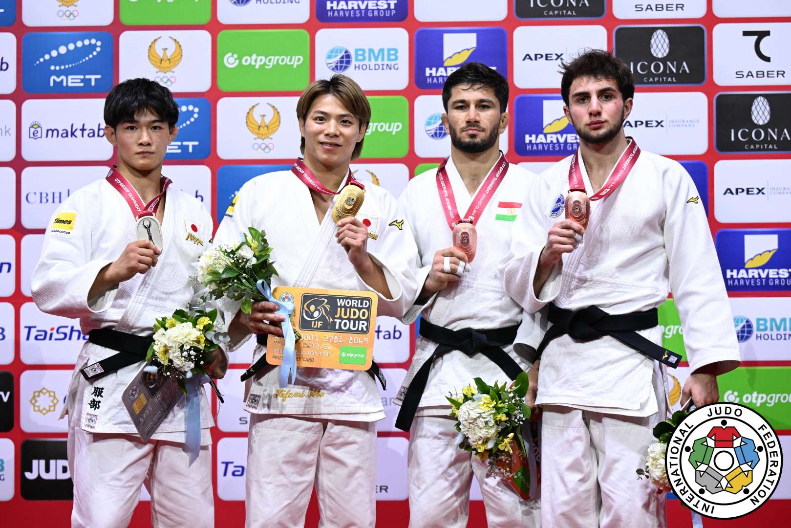 -66kg Medalists. From left, HATTORI, Shinsei, ABE, Hifumi, EMOMALI, Nurali, PARCHIEV, Abdullakh.