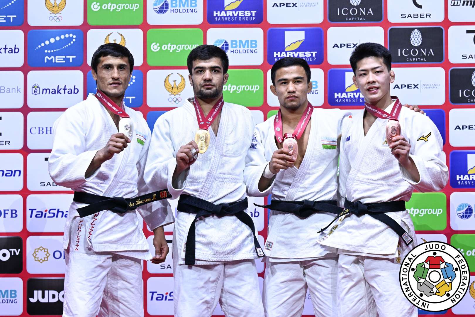 -73kg Medalists. From left, AHADOV, Shakhram, ABDULLOI, Orif, TOJIEV, Elbek, UCHIMURA, Shusuke.