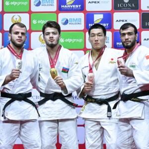 -81kg Medalists. From left, TASUEV, Abdul-Kerim, RAJABLI, Omar, YULDOSHEV, Murodjon, FUJIWARA, Sotaro.
