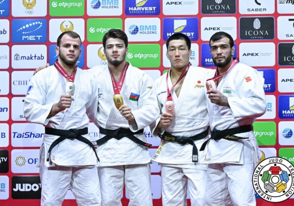 -81kg Medalists. From left, TASUEV, Abdul-Kerim, RAJABLI, Omar, YULDOSHEV, Murodjon, FUJIWARA, Sotaro.
