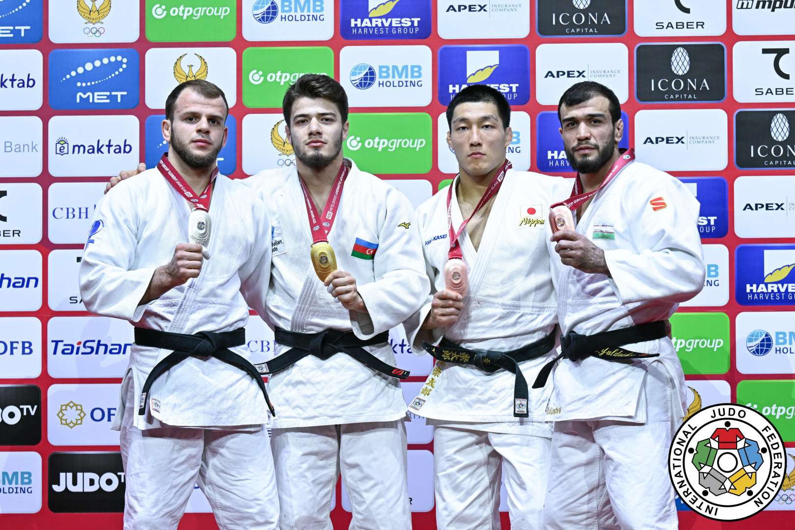 -81kg Medalists. From left, TASUEV, Abdul-Kerim, RAJABLI, Omar, YULDOSHEV, Murodjon, FUJIWARA, Sotaro.