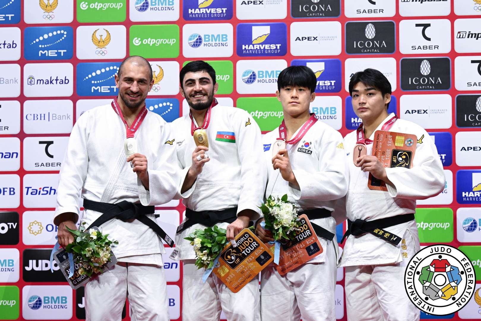 
-90kg Medalists. From left, BEKAURI, Lasha, FATIYEV, Murad, KIM, Jonghoon, OKADA, Riku.