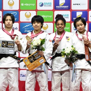 -48kg Medalists. From left, HARADA, Mizuki, HUI, Xinran, LABORDE, Maria Celia, YOSHINO, Sachiyo.