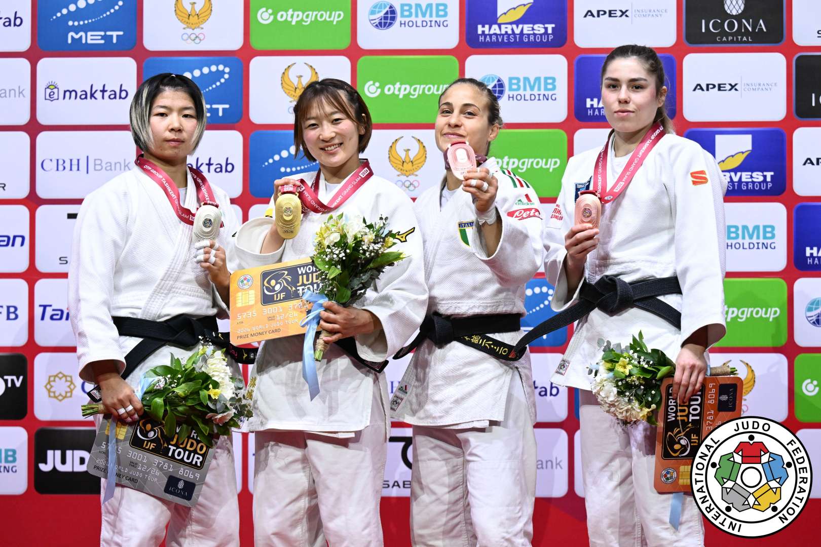 -52kg Medalists. From left, BISHRELT, Khorloodoi, FUJISHIRO, Kokoro, GIUFFRIDA, Odette, NUGAEVA, Liliia.