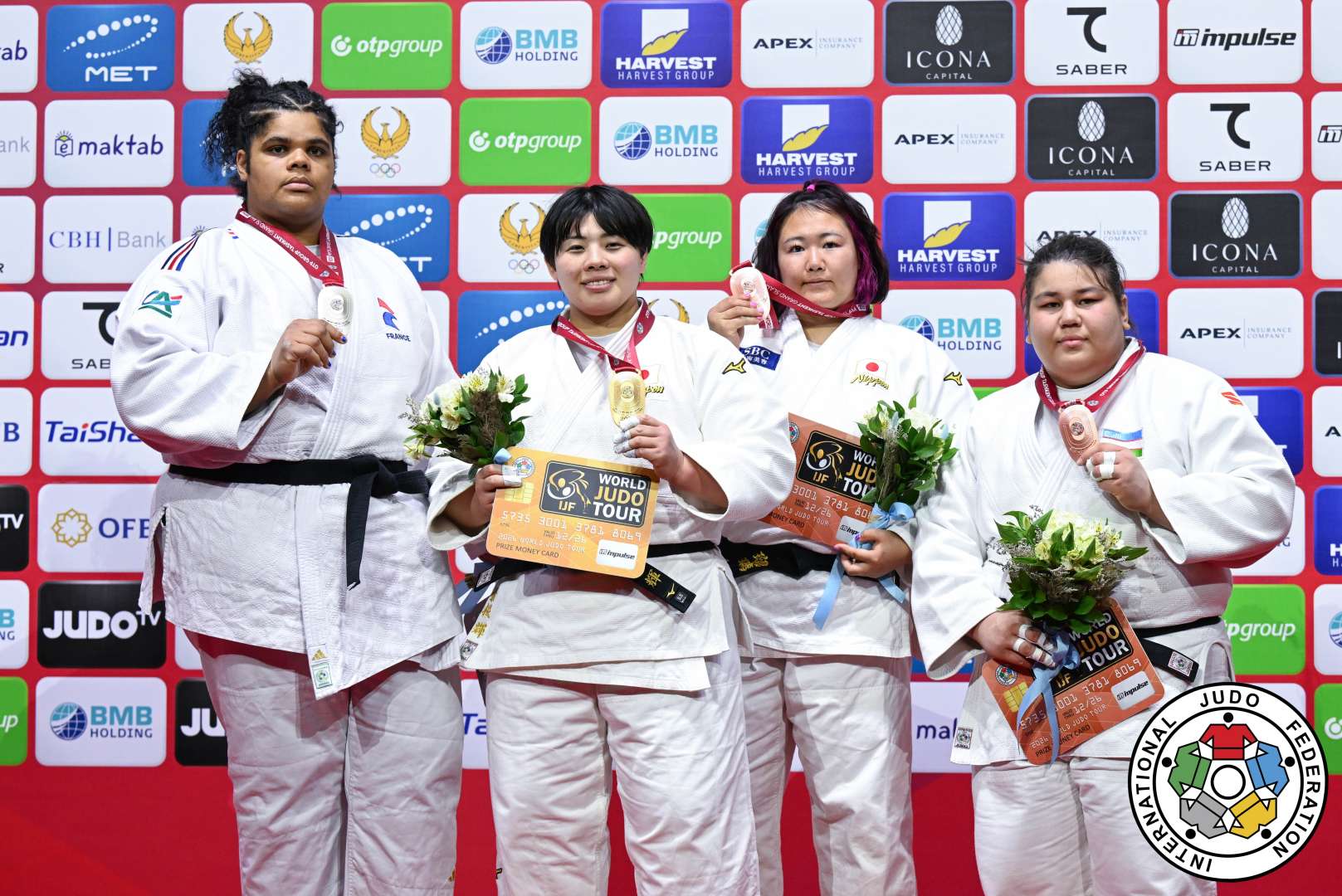 +78kg Medalists. From left, FONTAINE, Lea, SONE, Akira, FUJII, Ruri, NIGMATOVA, Umida.