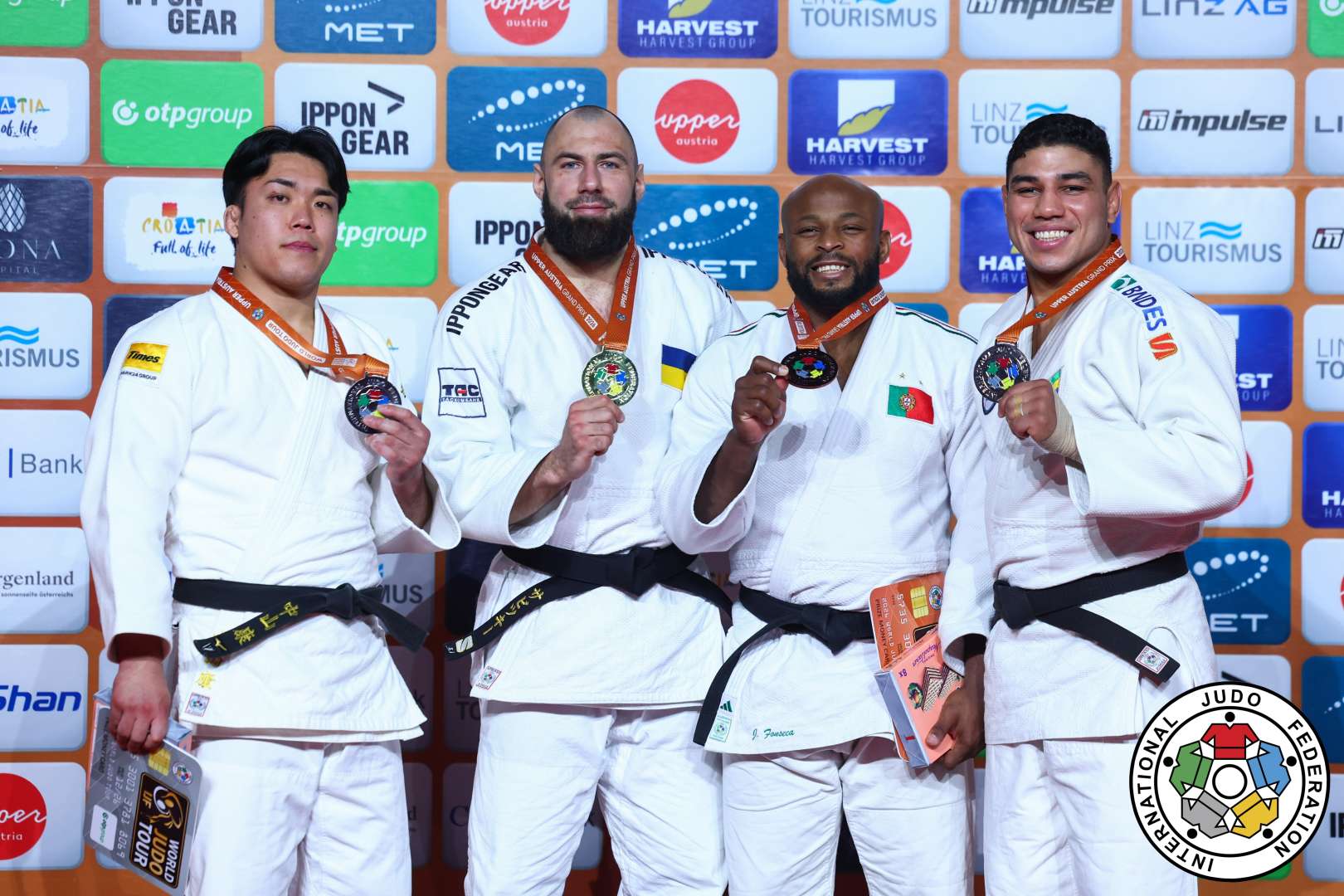 -100kg Medalists. From left, NAKAYAMA, Kou, SAVYTSKIY, Anton, FONSECA, Jorge, VEG, Zsombor.
