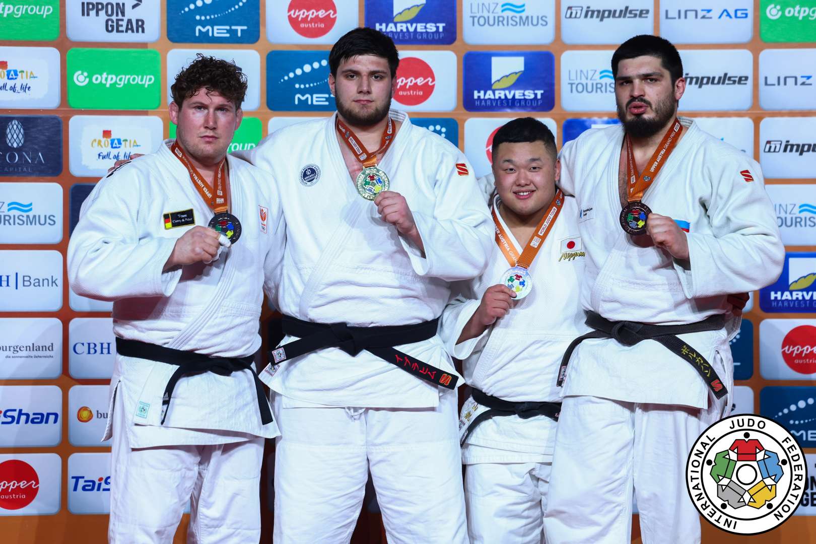 +100kg Medalists. From left, SPIJKERS, Jur, TATAROGLU, Ibrahim, HATAKEYAMA, Gai, GAMZATKHANOV, Dzhamal.