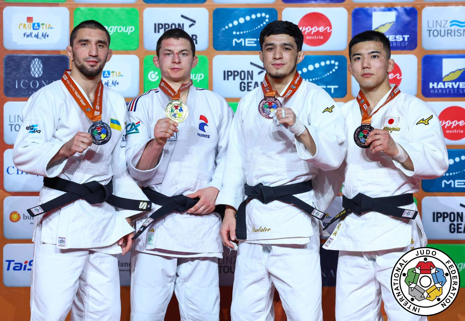 -60kg Medalists. From left, KHALMATOV, Dilshot, VALADIER PICARD, Romain, DAVLATOV, Sherzod, SATO, Sei.