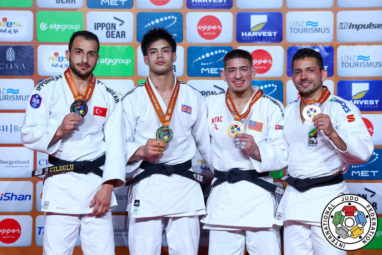 -73kg Medalists. From left, CILOGLU, Bilal, NAIRNE, Ethan, YONEZUKA, Jack, CARGNIN, Daniel.