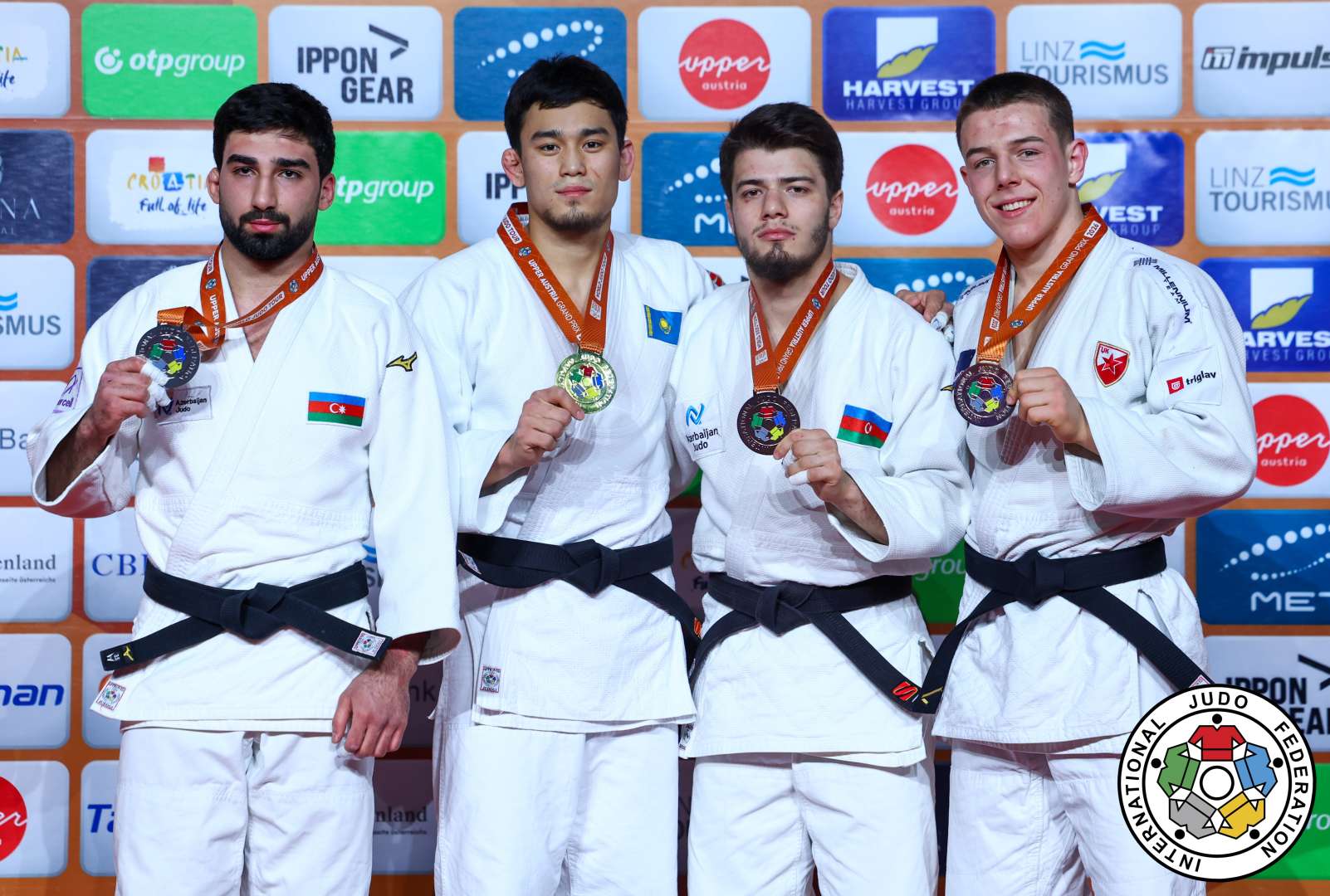 -81kg Medalists. From left, GALANDARZADE, Vusal, ALMAT, Adilet, RAJABLI, Omar, SIMIN, Mihajlo.