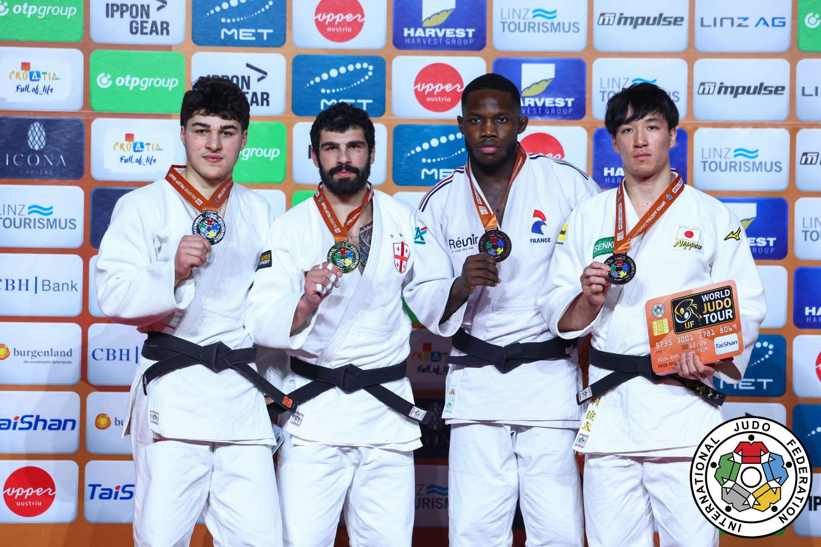 -90kg Medalists. From left, JAVAKHISHVILI, Luka, GRIGALASHVILI, Tato, NGAYAP HAMBOU, Maxime-Gael, NAKAMURA, Shunta.