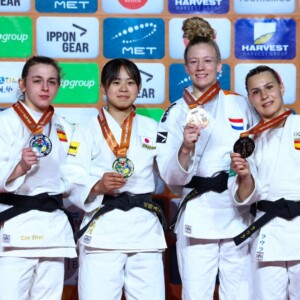 -48kg Medalists. From left, PEREZ SOLER, Eva, KONDO, Mitsuki, GERSJES, Amber, MARTINEZ ABELENDA, Laura.
