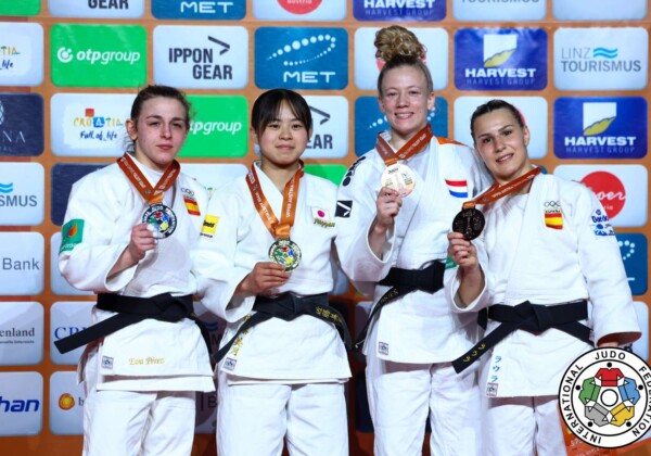 -48kg Medalists. From left, PEREZ SOLER, Eva, KONDO, Mitsuki, GERSJES, Amber, MARTINEZ ABELENDA, Laura.