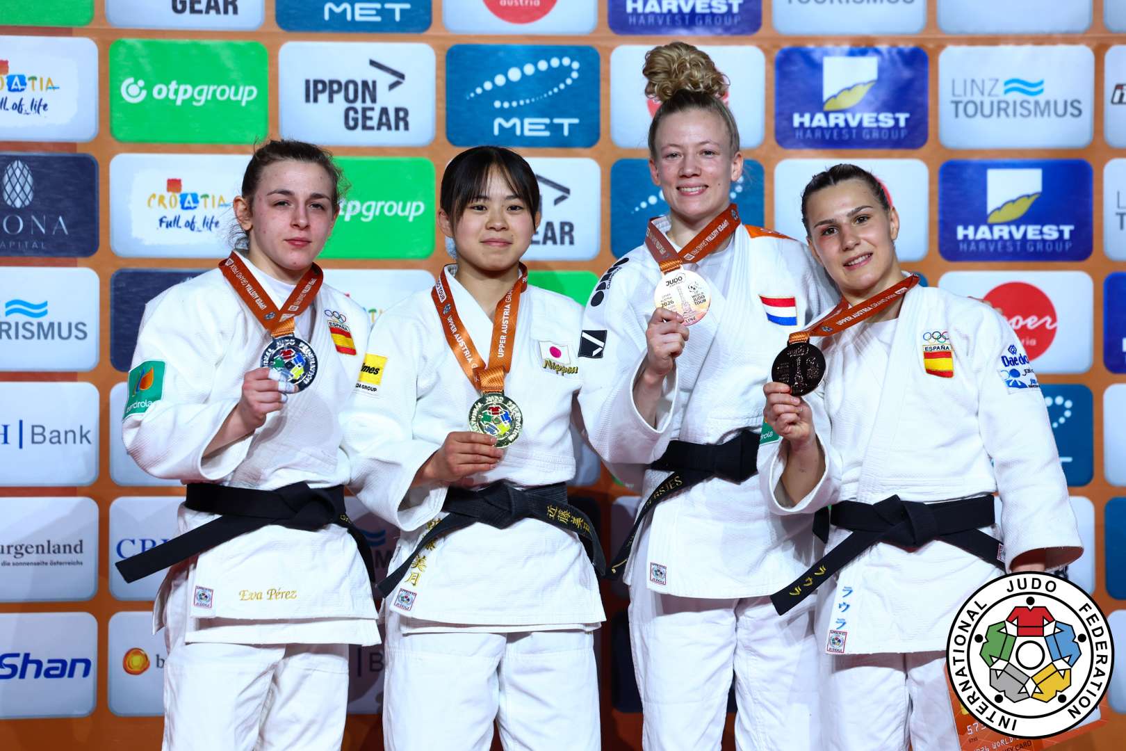 -48kg Medalists. From left, PEREZ SOLER, Eva, KONDO, Mitsuki, GERSJES, Amber, MARTINEZ ABELENDA, Laura.
