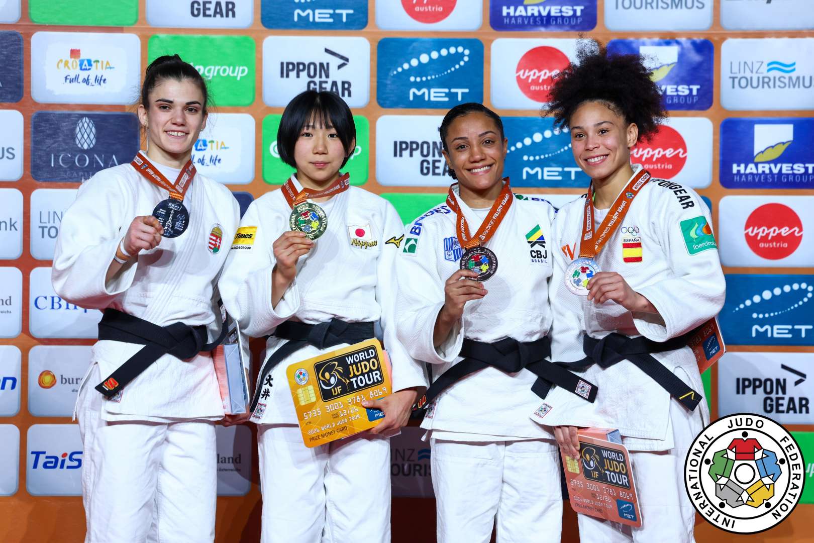 -52kg Medalists. From left, GYERTYAS, Roza, OI, Iroha, CONCEICAO, Gabriela, LEIVA SANCHEZ, Ayumi.
