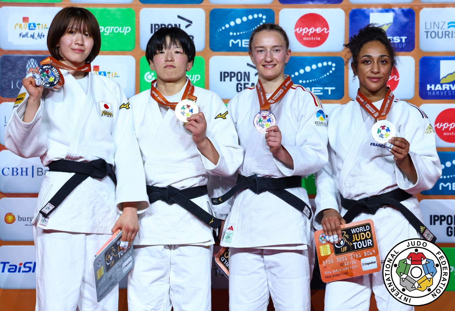 -57kg Medalists. From left, ONO, Moa, TAKANO, Ayami, GARCIA MARTIN, Marta, FAWAZ, Martha.