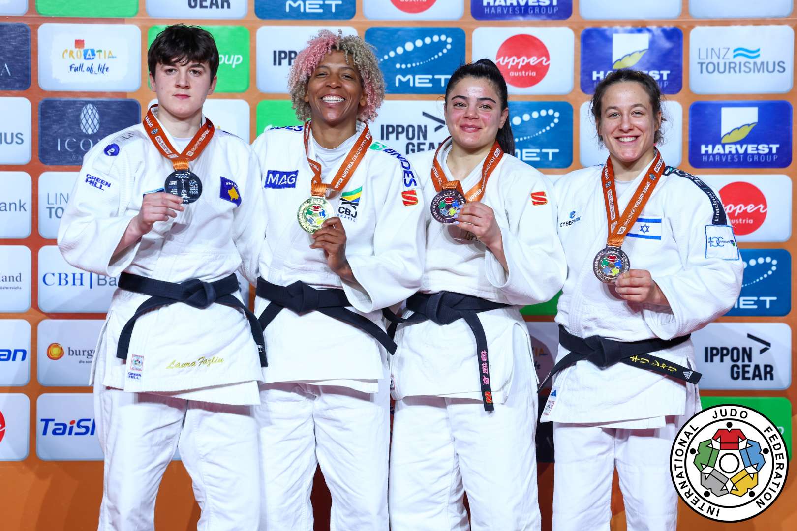 -63kg Medalists. From left, FAZLIU, Laura, SILVA, Rafaela, PRIMO, Kerem, SHARIR, Gili.
