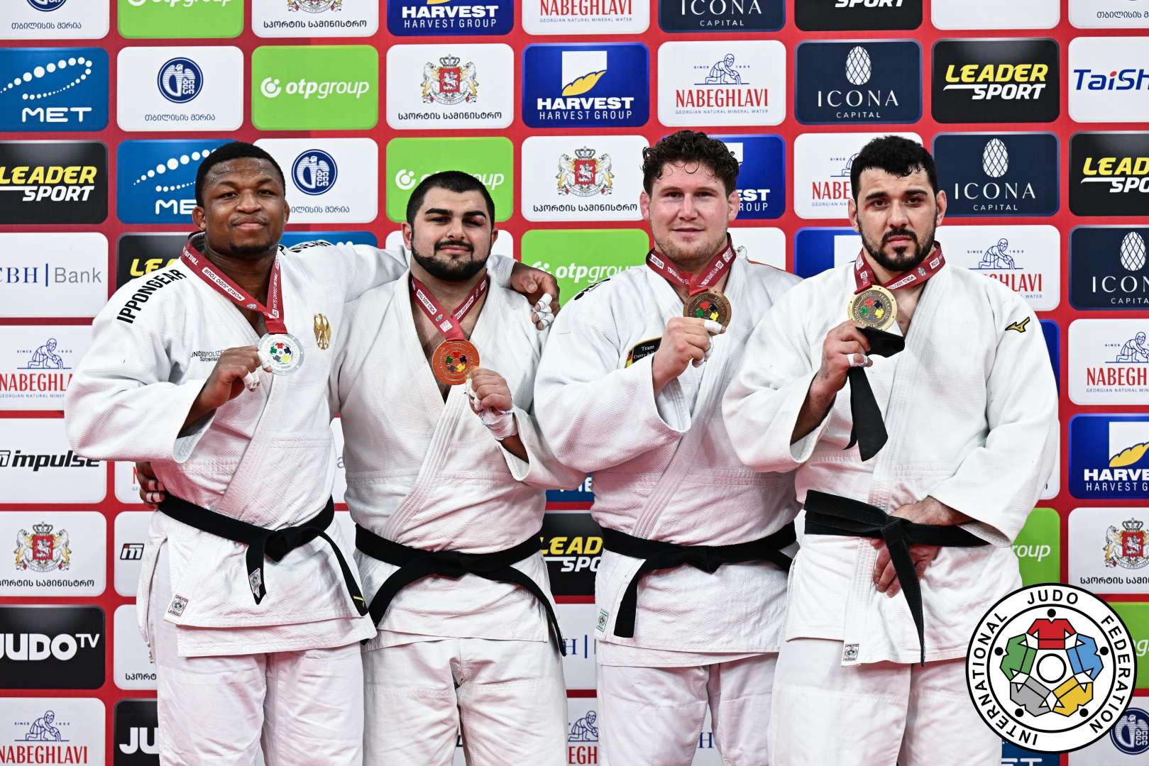 
+100kg Medalists. From left, KONE, Losseni, DEMETRASHVILI, Irakli, INANEISHVILI, Saba, SPIJKERS, Jur.