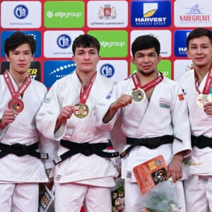 -60kg Medalists. From left, DOMBUU, Achyty, ASHPIZ, Izhak, KUCHKAROV, Samariddin, ORYNBASSAR, Talgat