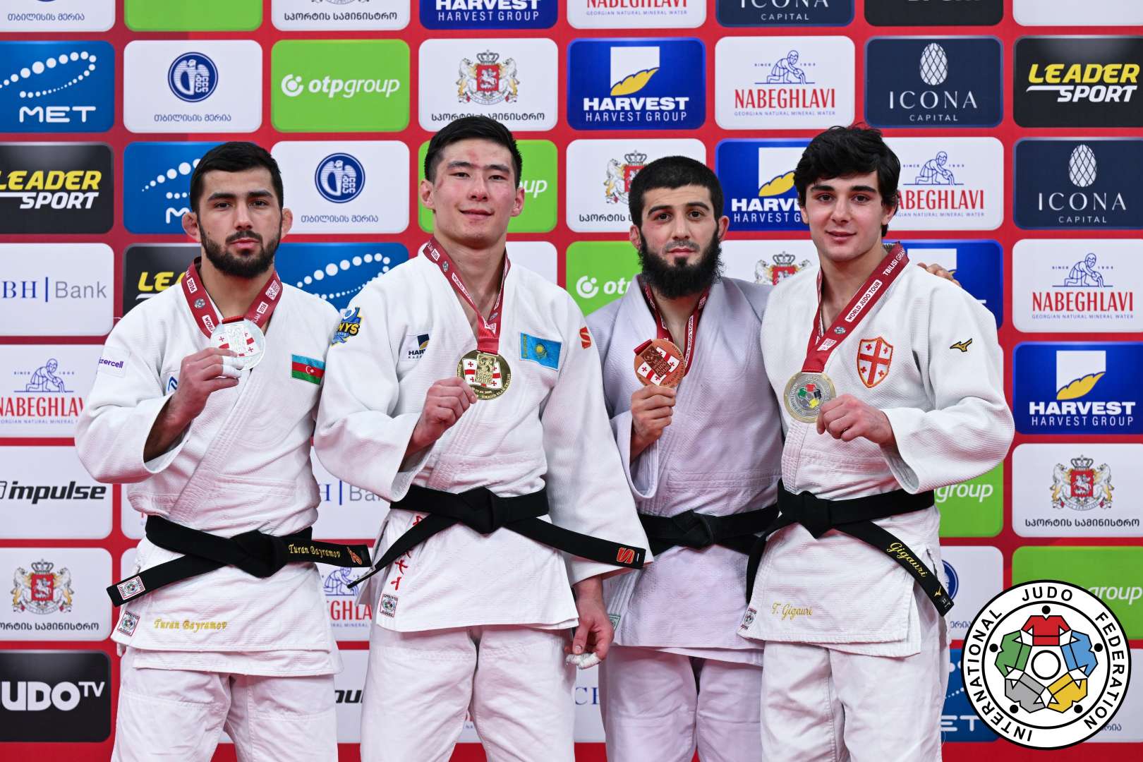 -66kg Medalists. From left, BAYRAMOV, Turan, SERIKBAYEV, Nurkanat, ABDULAEV, Ramazan, GIGAURI, Tornike.