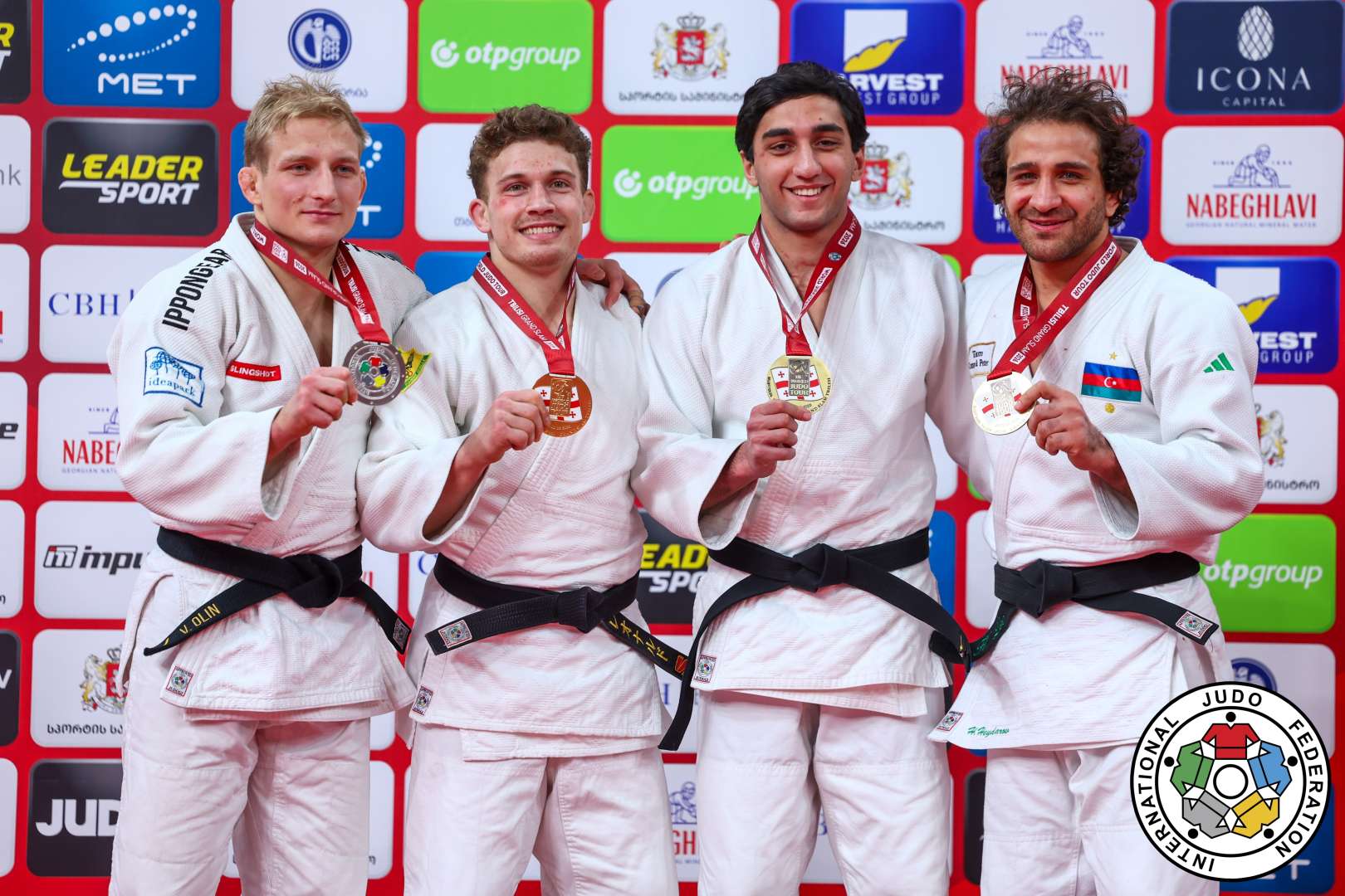 
-73kg Medalists. From left, OLIN, Valtteri, VALERIANI, Leonardo, LOLADZE, Giorgi, HEYDAROV, Hidayat.