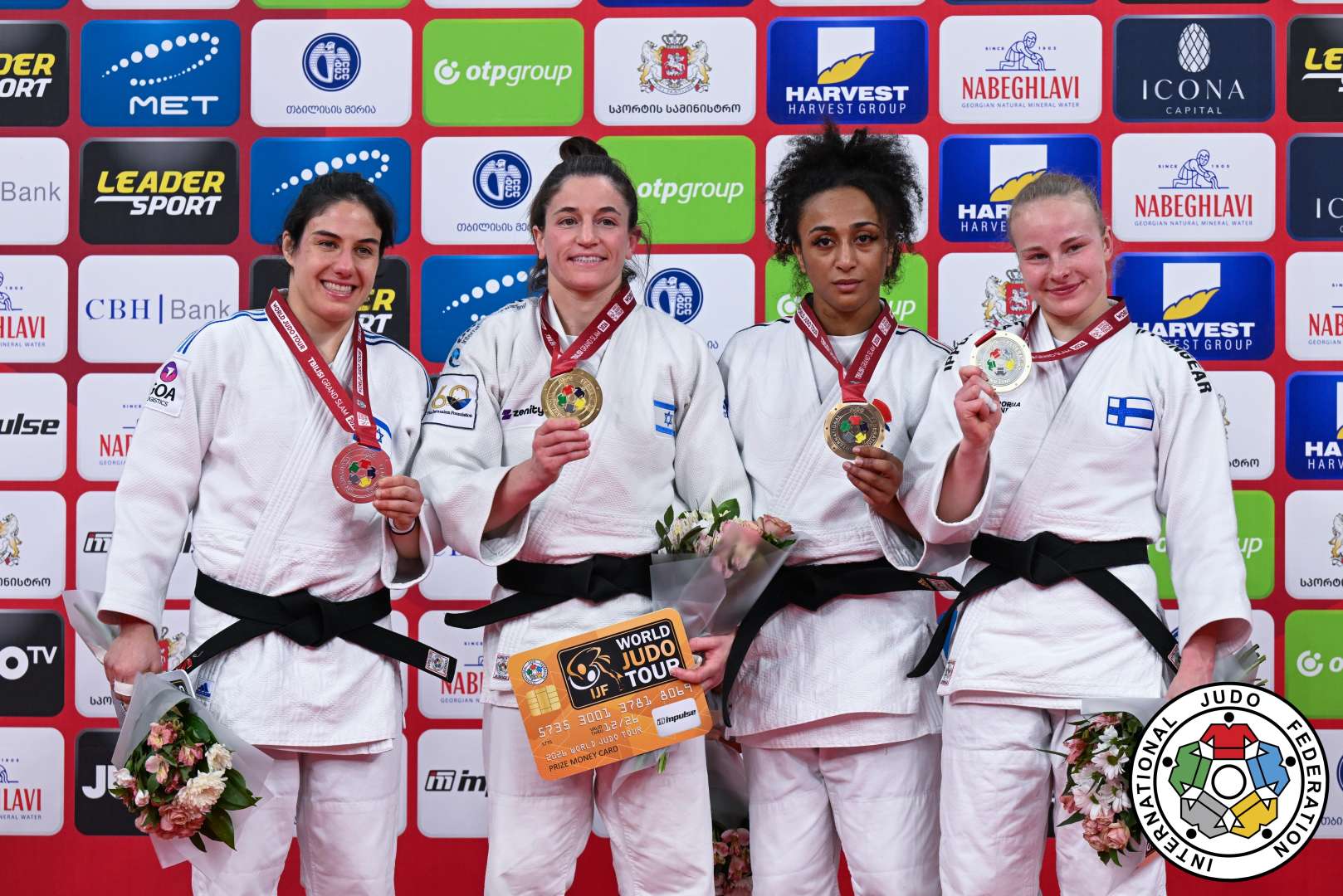 -57kg Medalists. From left, SHEMESH, Inbal, NELSON LEVY, Timna, FAWAZ, Martha, SALONEN, Pihla.
