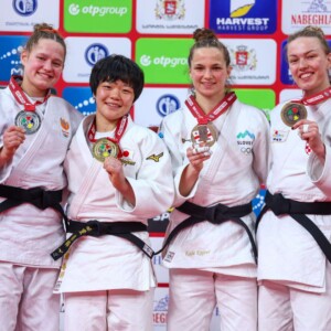 -63kg Medalists. From left, VAN LIESHOUT, Joanne, KAJU, Haruka, KAJZER, Kaja, OBERAN, Iva.