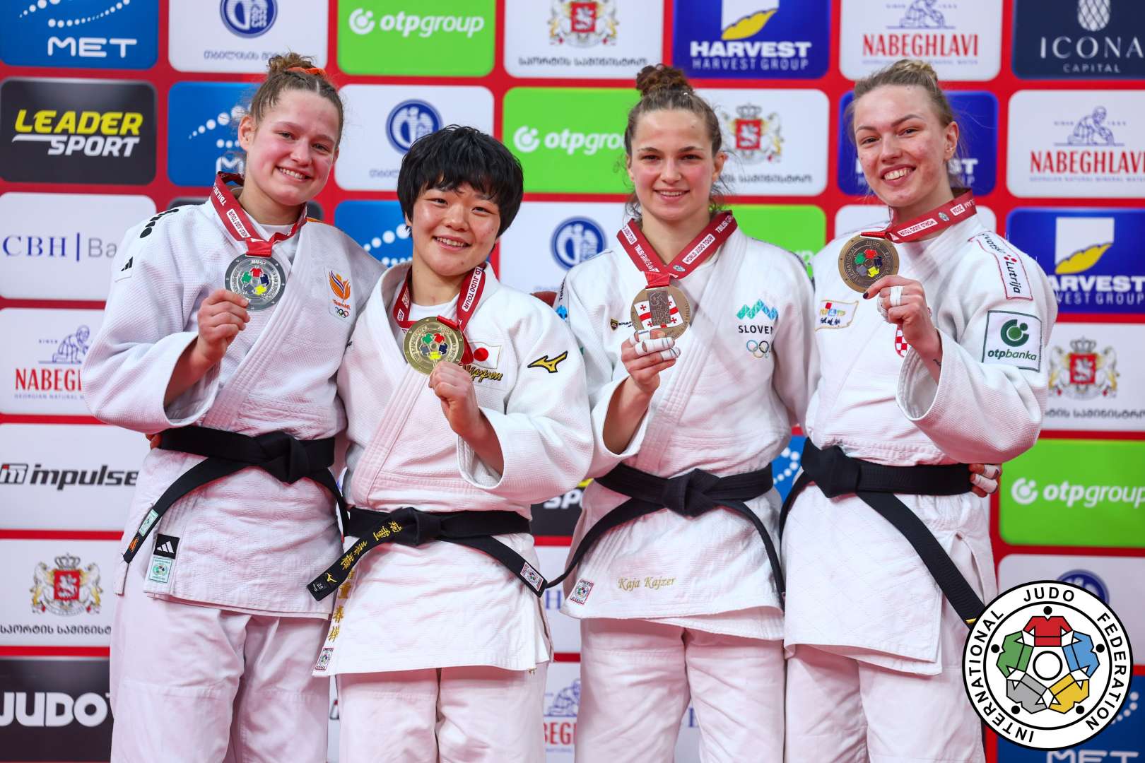 
-63kg Medalists. From left, VAN LIESHOUT, Joanne, KAJU, Haruka, KAJZER, Kaja, OBERAN, Iva.