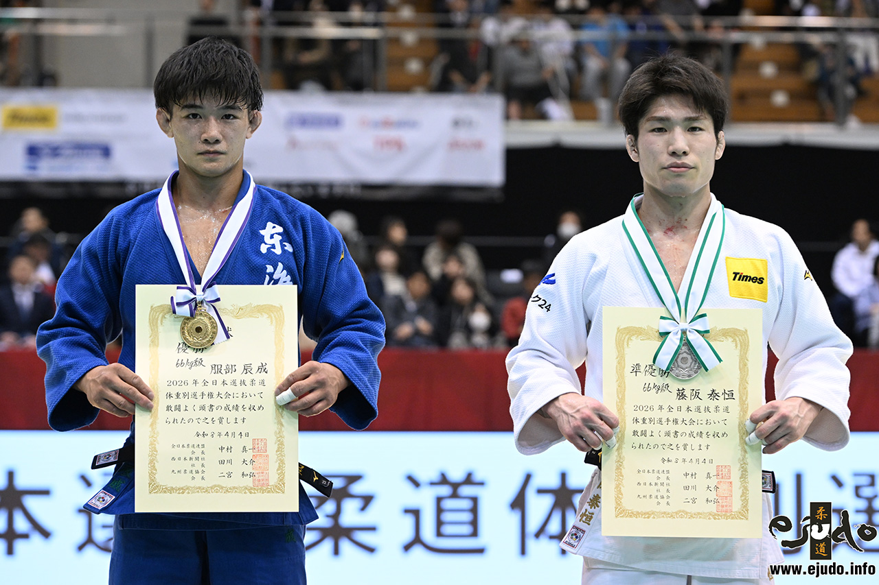 -66kg Medalists. From left, HATTORI, Shinsei, FUJISAKA, Taikoh.