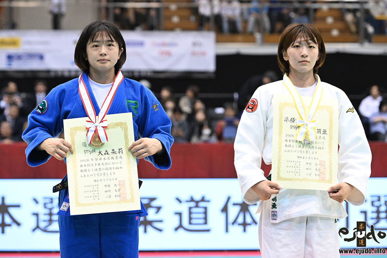 -57kg Medalists. From left, OMORI, Akari, ONO, Moa.