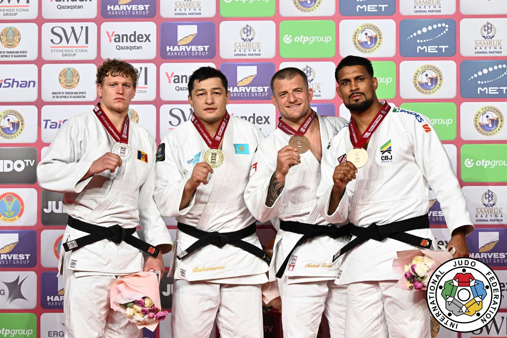 -100kg Medalists. From left, GHIMBOVSCHI, Vadim, BAIKAMUROV, Marat, KORREL, Michael, GONCALVES, Leonardo.