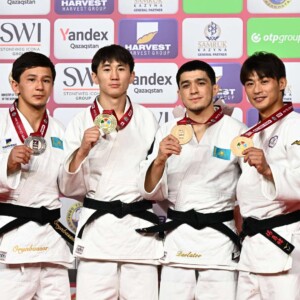 -60kg Medalists. From left, ORYNBASSAR, Talgat, BYAMBASUREN, Sukhbat, DAVLATOV, Sherzod, YANG, Yung Wei.