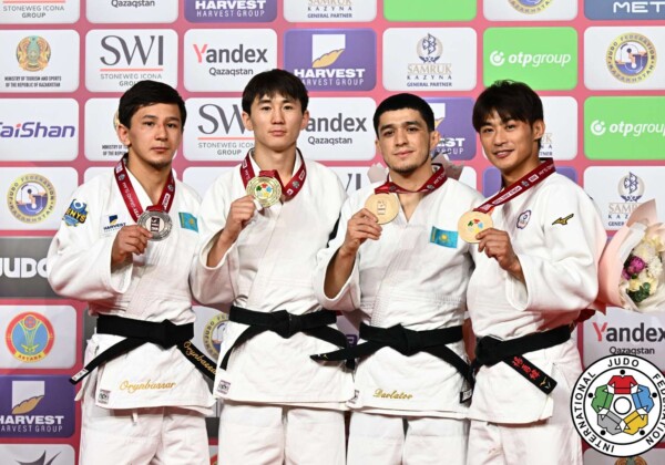 -60kg Medalists. From left, ORYNBASSAR, Talgat, BYAMBASUREN, Sukhbat, DAVLATOV, Sherzod, YANG, Yung Wei.