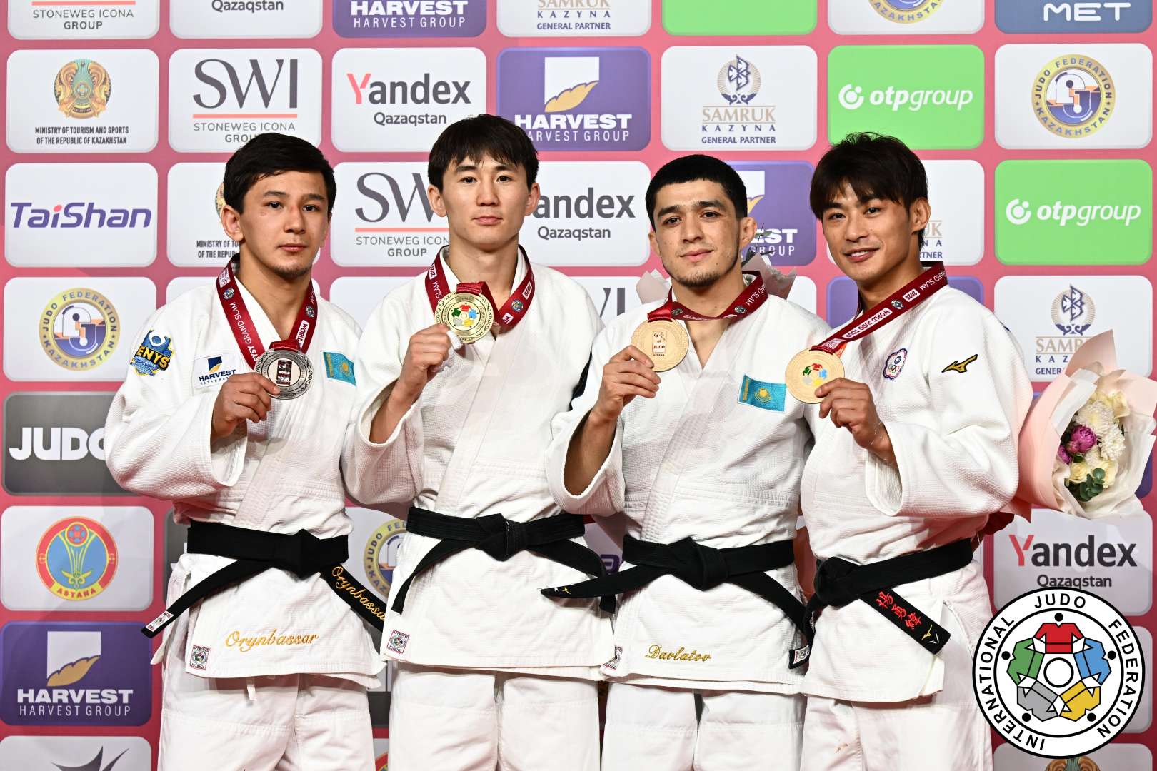 -60kg Medalists. From left, ORYNBASSAR, Talgat, BYAMBASUREN, Sukhbat, DAVLATOV, Sherzod, YANG, Yung Wei.