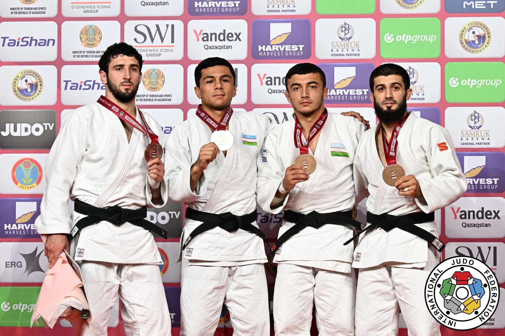 -66kg Medalists. From left, KERIMOV, Saigid, NUTFULLOEV, Abdurakhim, IBROHIMOV, Anvarjon, ABDULAEV, Ramazan.