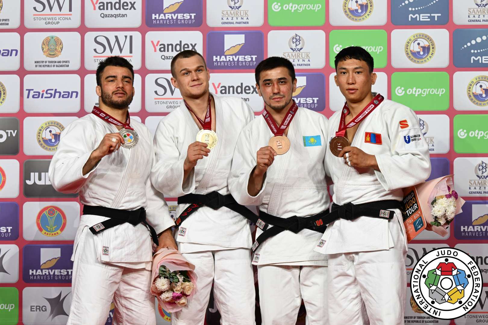 -73kg Medalists. From left, BASILE, Fabio, LAVRENTEV, Danil, GAINULLIN, Angsarbek, LAVJARGAL, Ankhzaya.