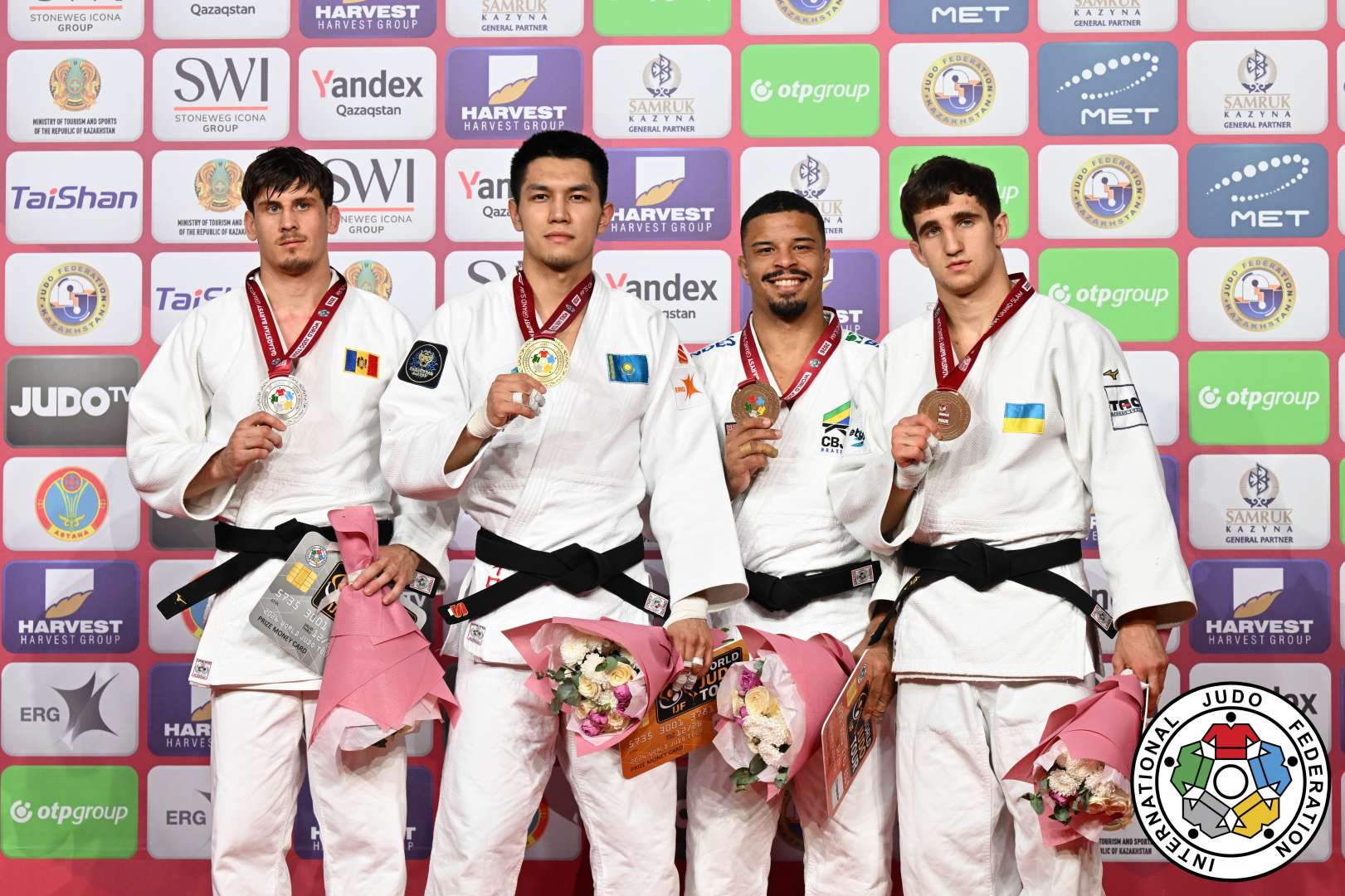 -81kg Medalists. From left, PELIVAN, Petru, KAIROLLA, Zhalgas, LIMA, David, KOLOBOV, Vladyslav.