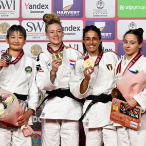 -48kg Medalists. From left, GANBAATAR, Narantsetseg, GERSJES, Amber, MILANI, Francesca, DUDINA, Kristina.