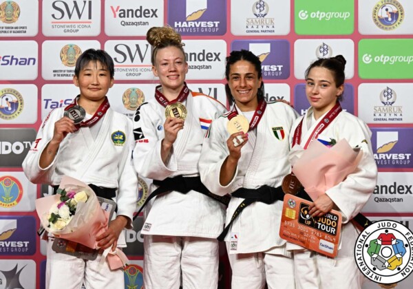 -48kg Medalists. From left, GANBAATAR, Narantsetseg, GERSJES, Amber, MILANI, Francesca, DUDINA, Kristina.